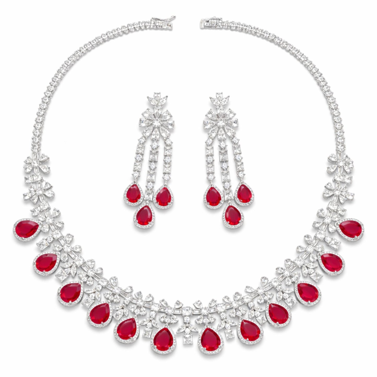 Imitation Ruby Floral Necklace Set with Teardrop Earrings
