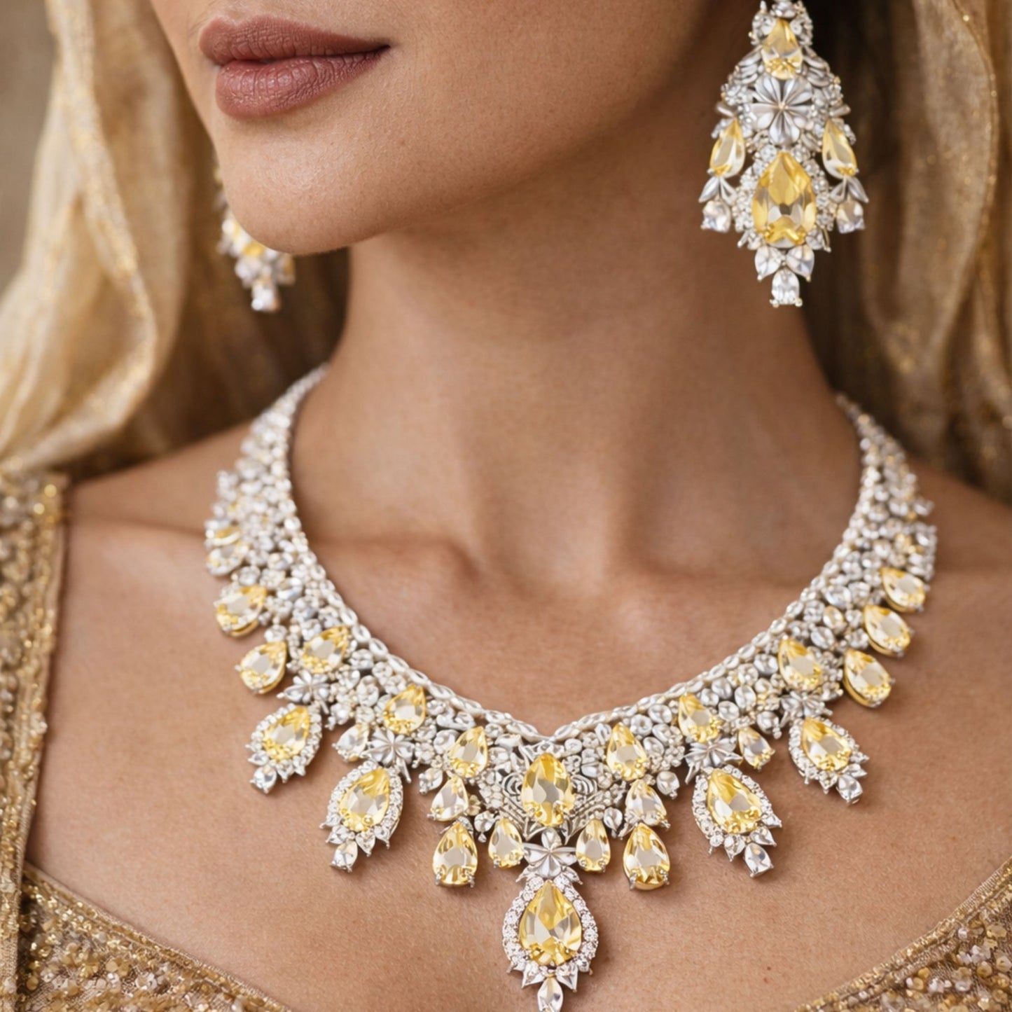 Statement Necklace Set with Yellow Pear-Cut Crystals