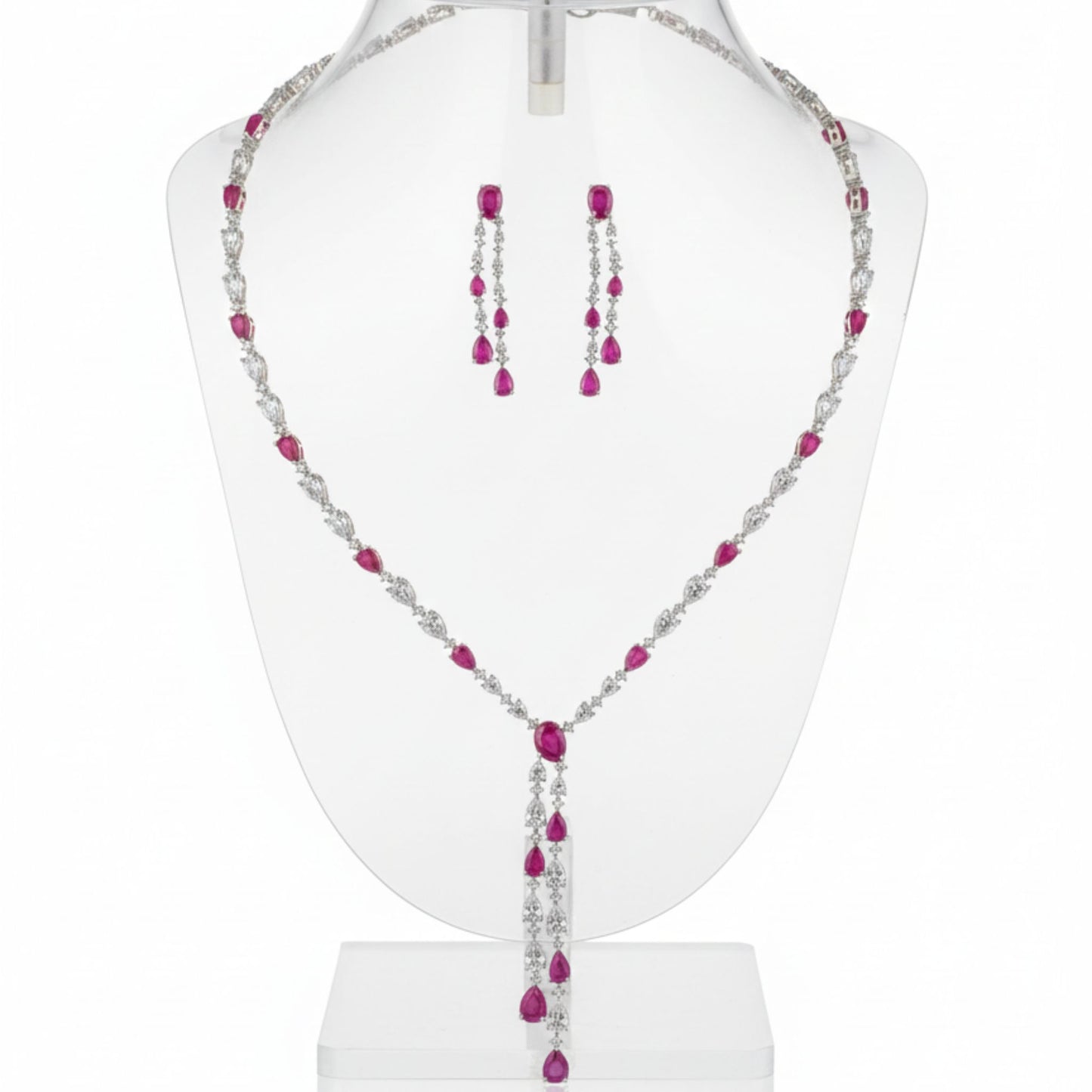 Ruby Red Tassel Necklace and Drop Earrings Jewellery Set