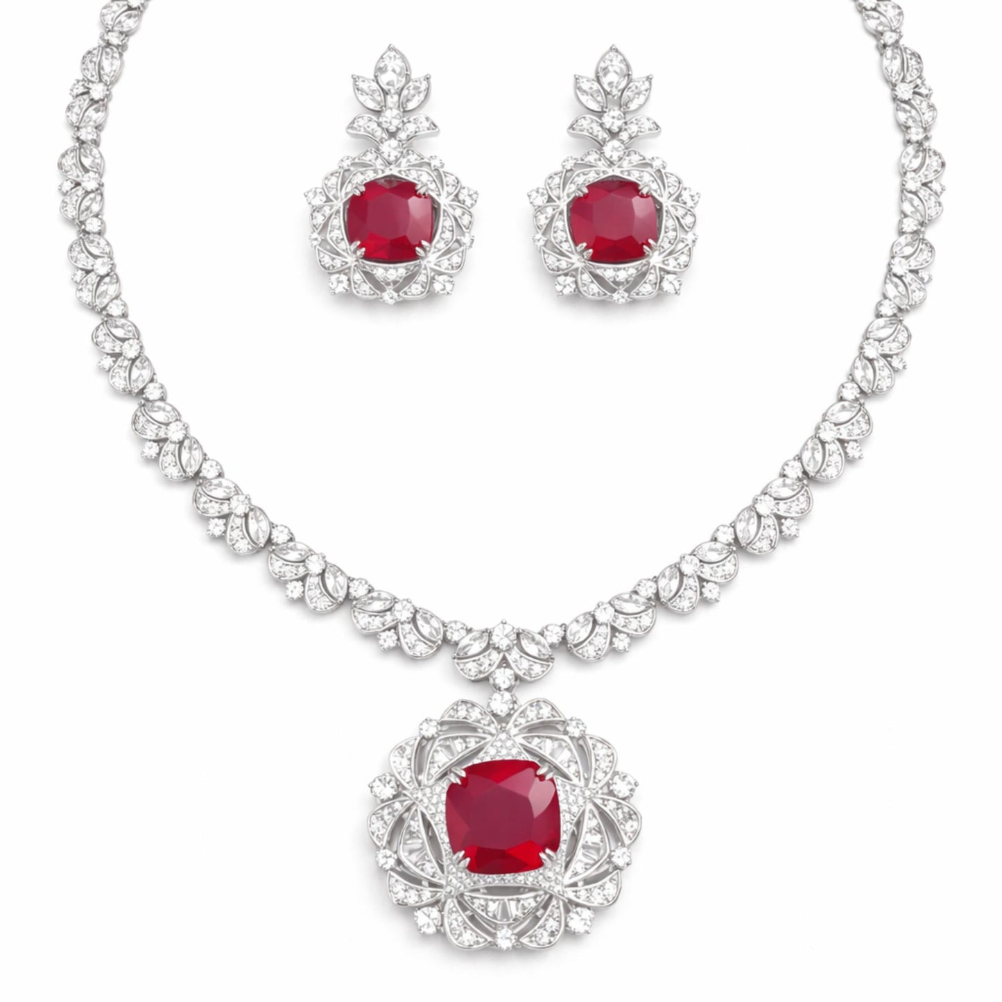 Imitation Ruby and Crystal Floral Necklace Jewelry Set
