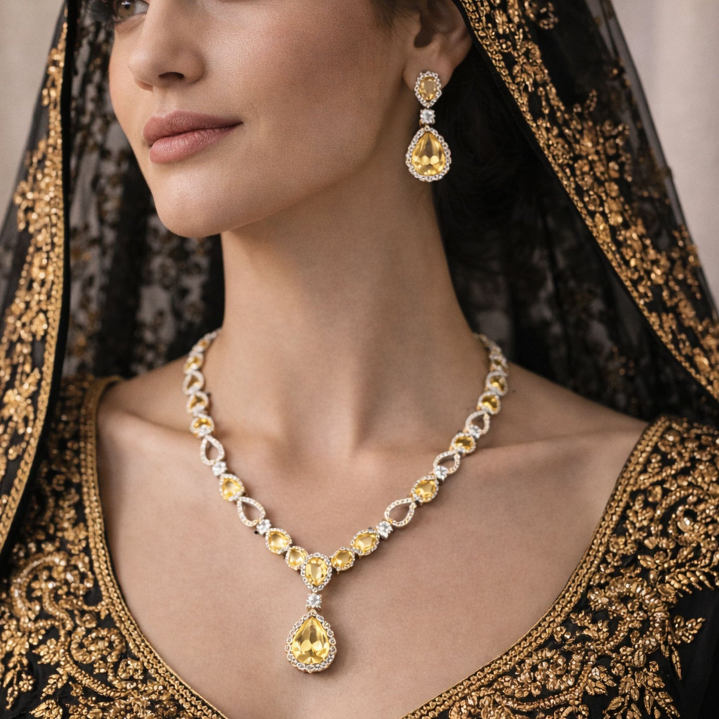Imitation Yellow Diamond Teardrop Necklace & Earrings Set