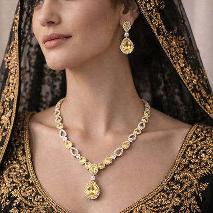 Imitation Yellow Diamond Teardrop Necklace & Earrings Set