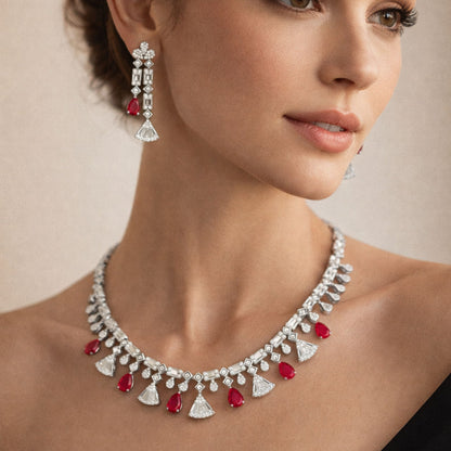 Imitation Ruby and Diamond Floral Necklace & Earring Set