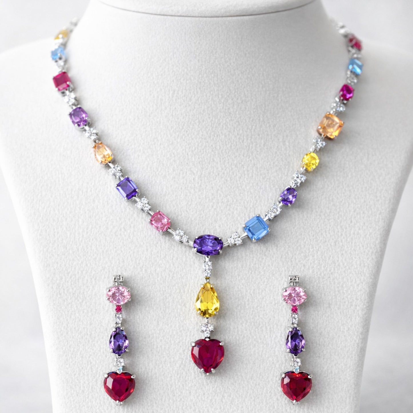 Multicolor Crystal Heart Necklace & Earrings Jewellery Set