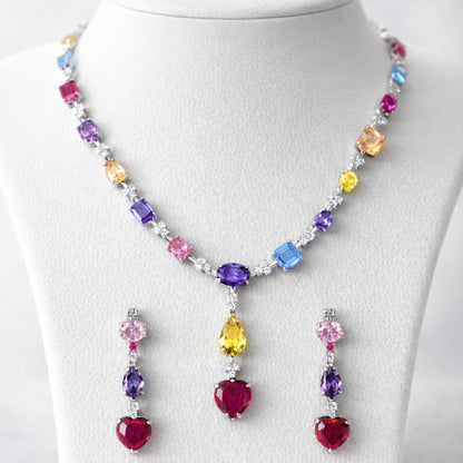 Multicolor Crystal Heart Necklace & Earrings Jewellery Set