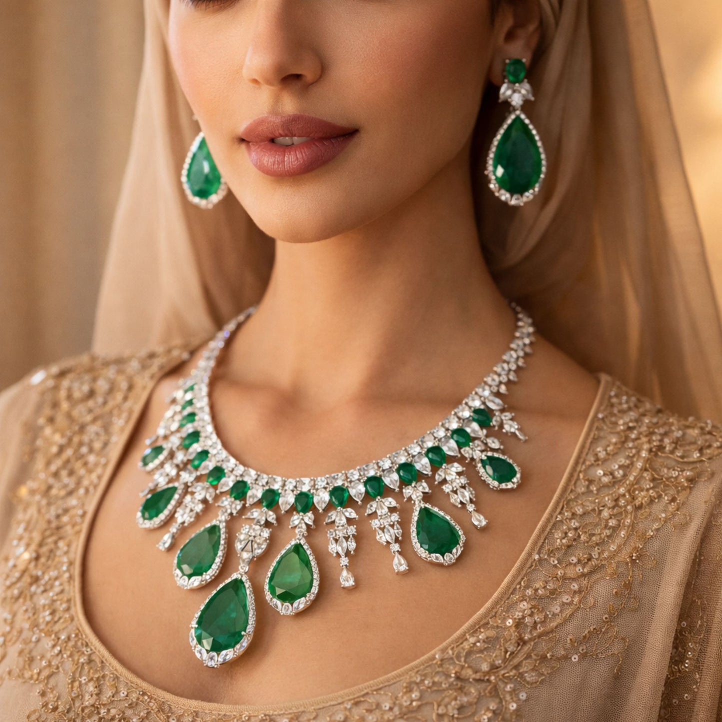 Emerald Green Teardrop Bridal Jewellery Set with Earrings