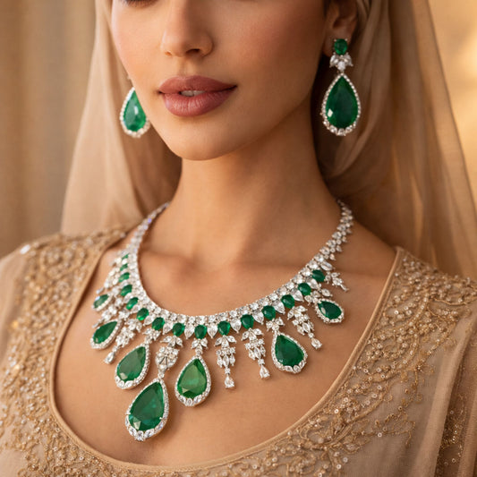 Emerald Green Teardrop Bridal Jewellery Set with Earrings
