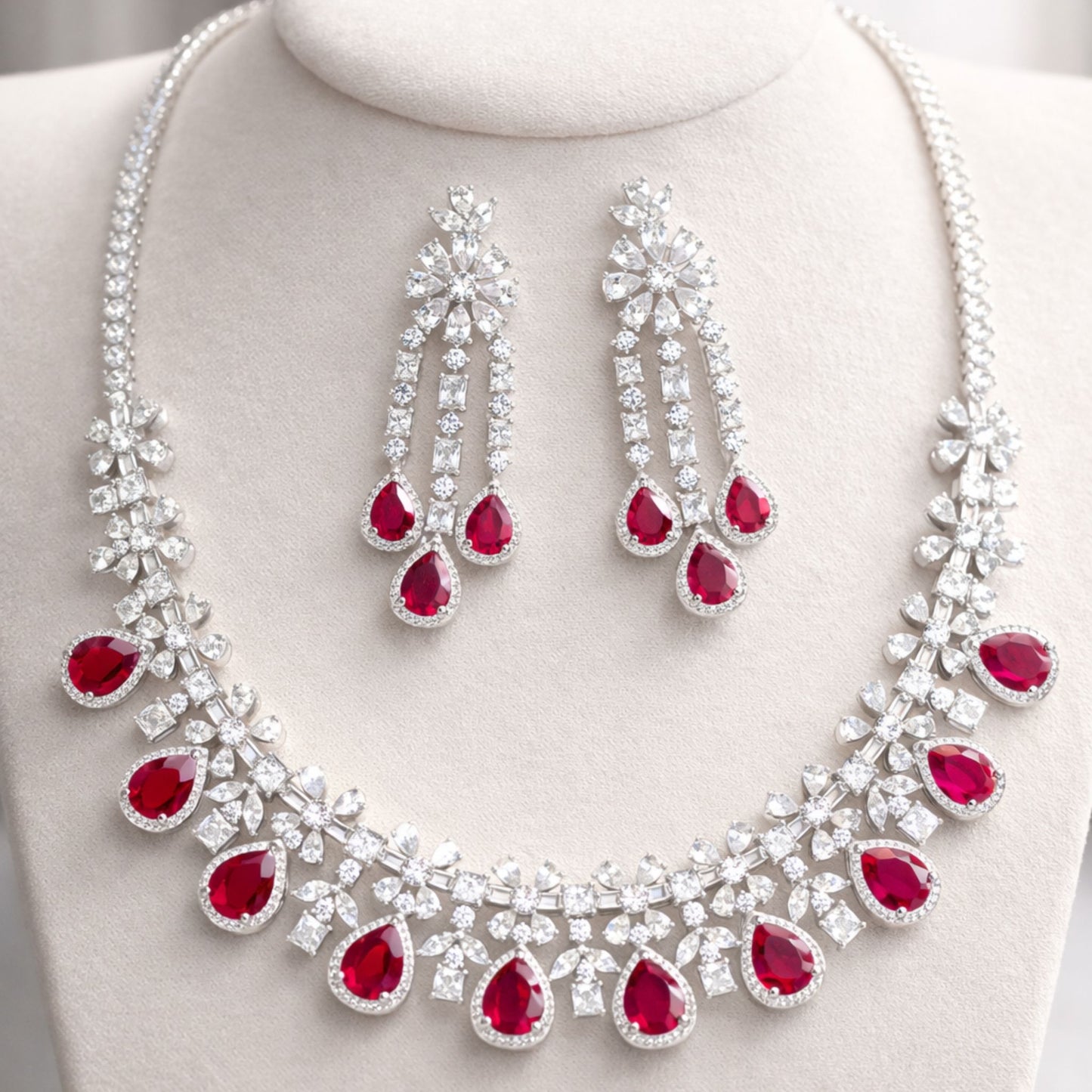 Imitation Ruby Floral Necklace Set with Teardrop Earrings