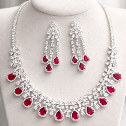 Imitation Ruby Floral Necklace Set with Teardrop Earrings