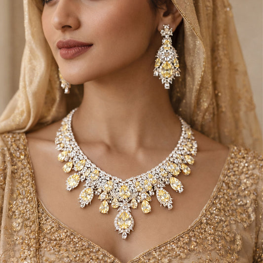 Statement Necklace Set with Yellow Pear-Cut Crystals