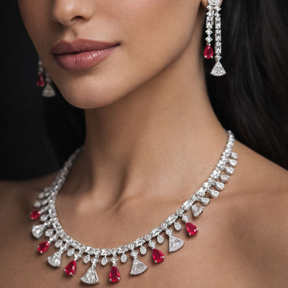 Imitation Ruby and Diamond Floral Necklace & Earring Set