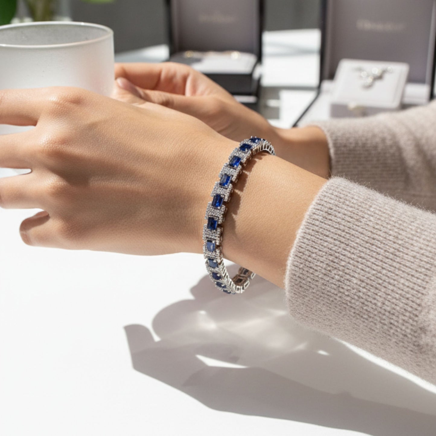 Emerald-Cut Blue Zircon Halo Bracelet