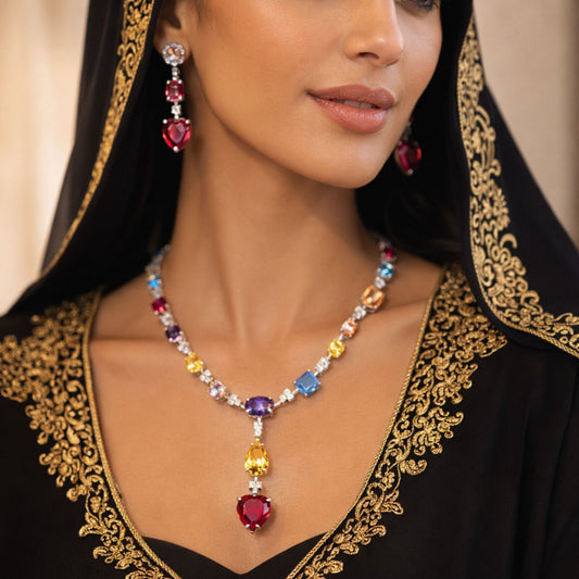 Multicolor Crystal Heart Necklace & Earrings Jewellery Set