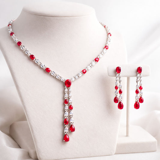 Ruby Red Tassel Necklace and Drop Earrings Jewellery Set