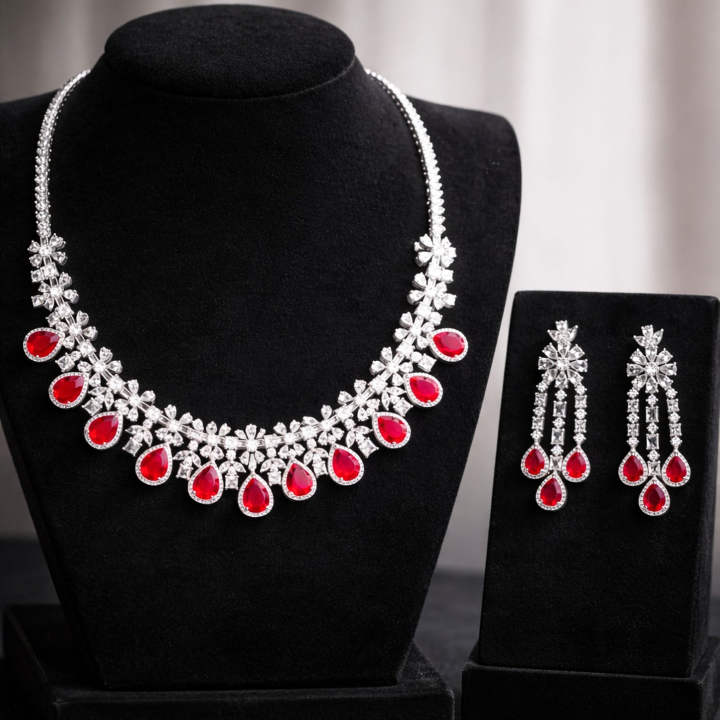 Imitation Ruby Floral Necklace Set with Teardrop Earrings
