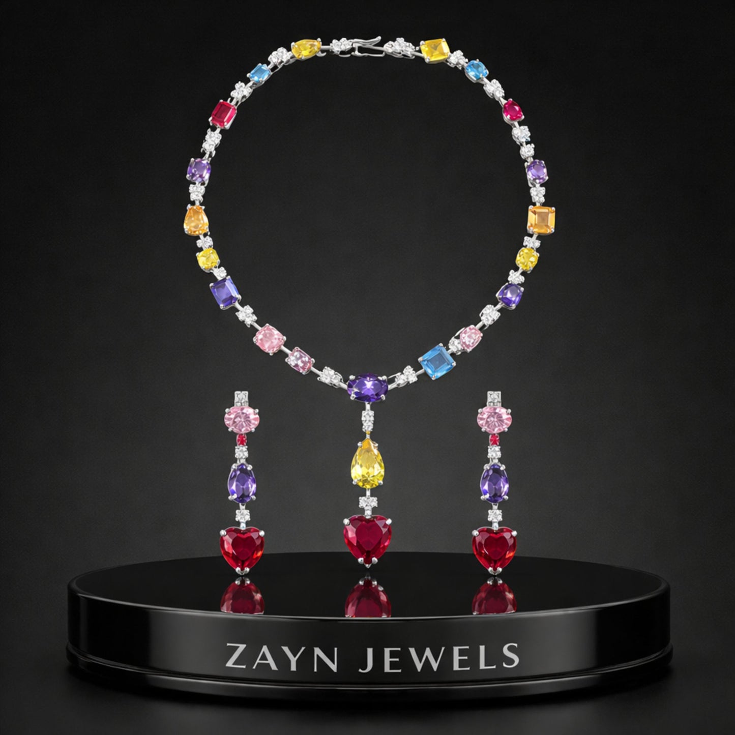 Multicolor Crystal Heart Necklace & Earrings Jewellery Set