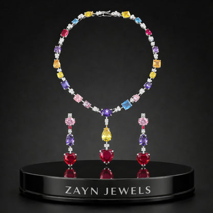 Multicolor Crystal Heart Necklace & Earrings Jewellery Set