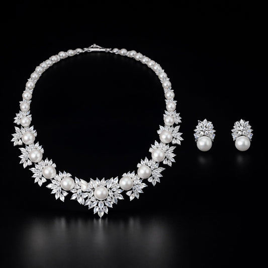 Pearl and Marquise Crystal Necklace Set - Luxury Bridal