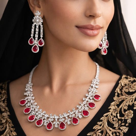 Imitation Ruby Floral Necklace Set with Teardrop Earrings
