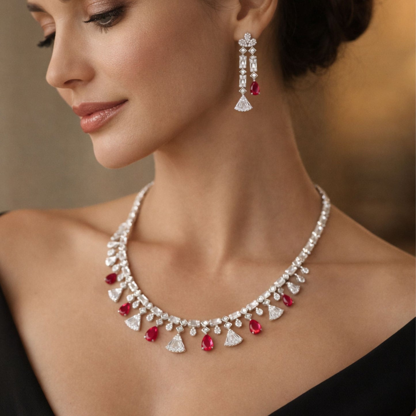 Imitation Ruby and Diamond Floral Necklace & Earring Set
