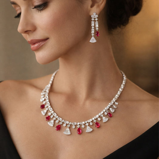 Imitation Ruby and Diamond Floral Necklace & Earring Set
