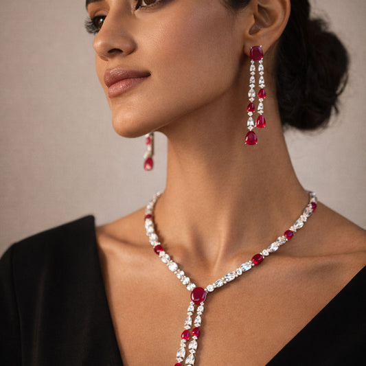 Ruby Red Tassel Necklace and Drop Earrings Jewellery Set