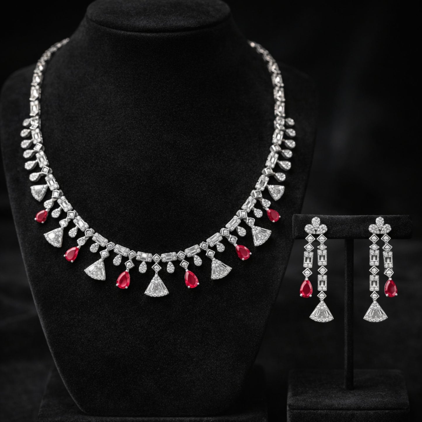 Imitation Ruby and Diamond Floral Necklace & Earring Set