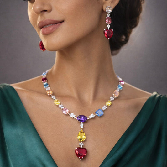 Multicolor Crystal Heart Necklace & Earrings Jewellery Set