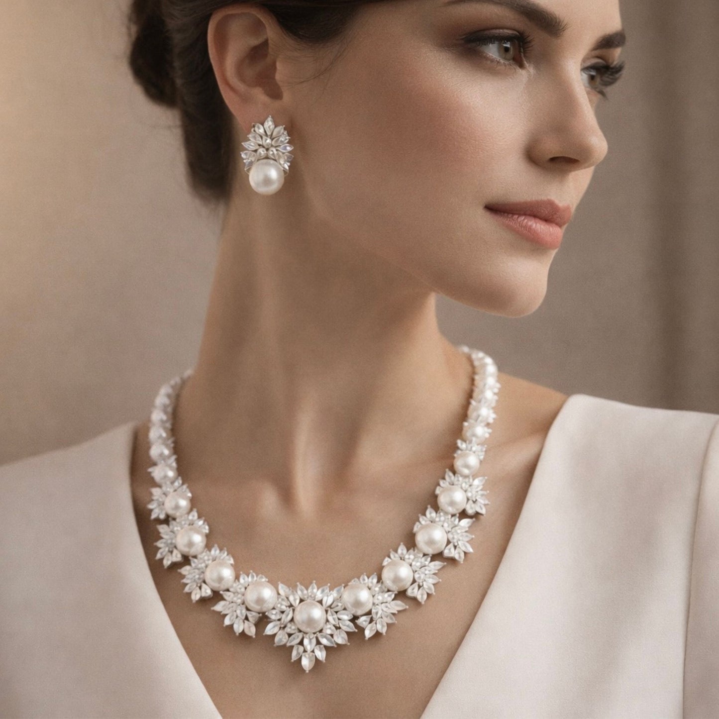 Pearl and Marquise Crystal Necklace Set - Luxury Bridal