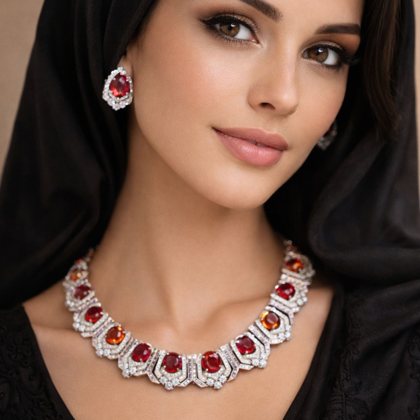 Red Statement Necklace and Earrings Imitation Jewellery Set