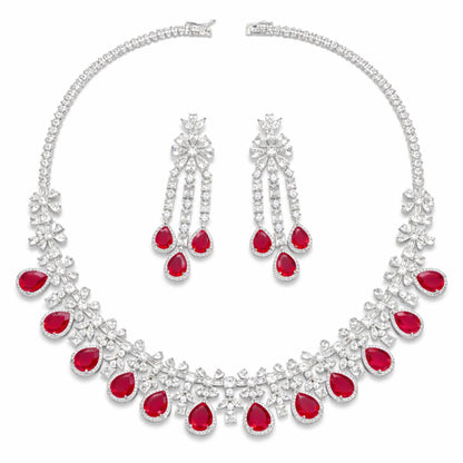 Imitation Ruby Floral Necklace Set with Teardrop Earrings