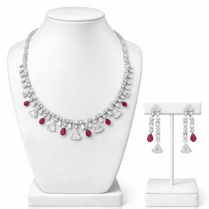 Imitation Ruby and Diamond Floral Necklace & Earring Set