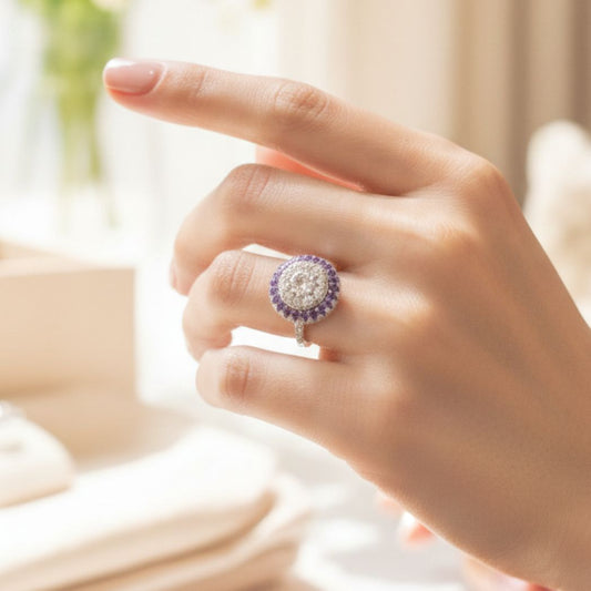 Amethyst & Diamond Halo Cocktail Ring