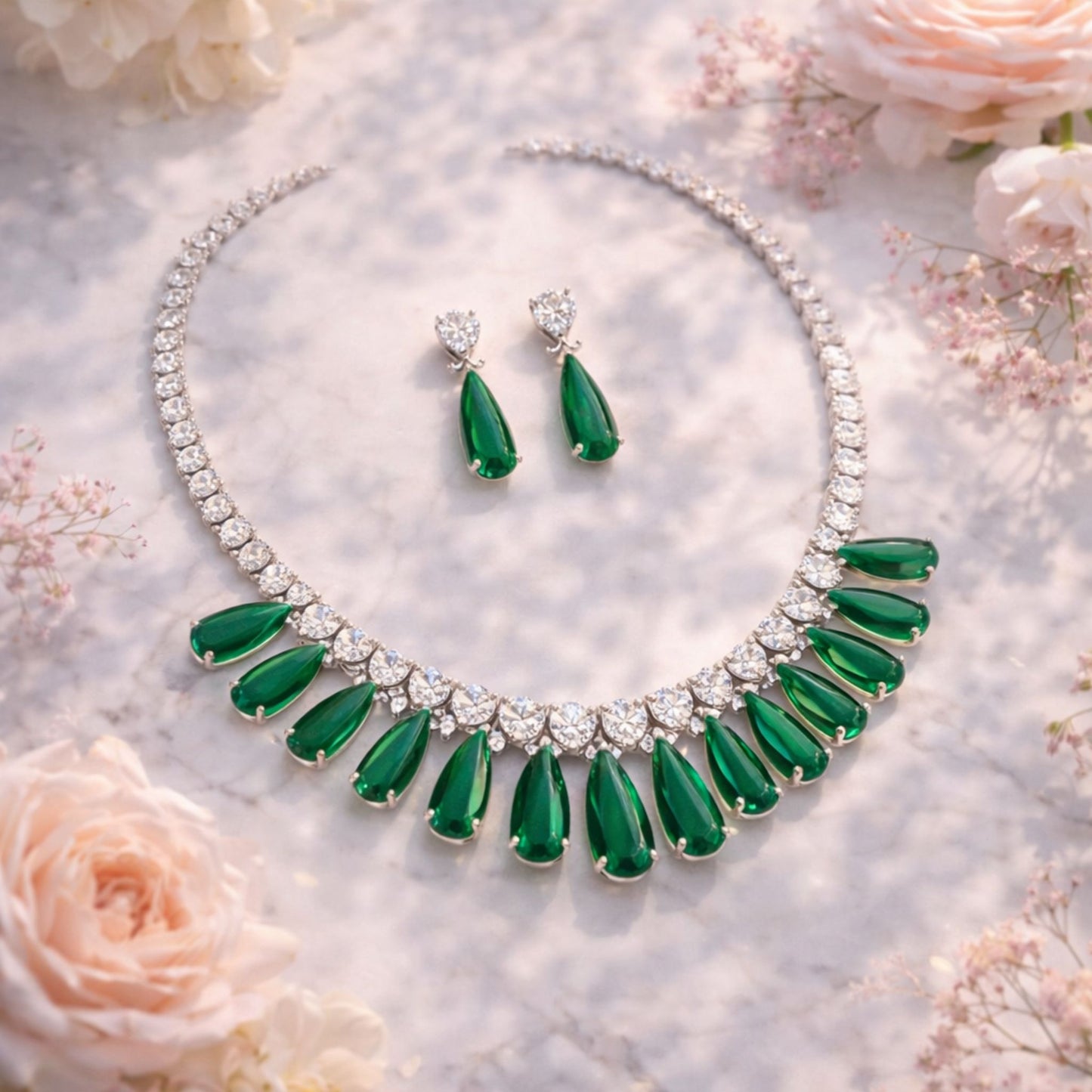 Emerald Green Teardrop Bridal Jewellery Set with Earrings