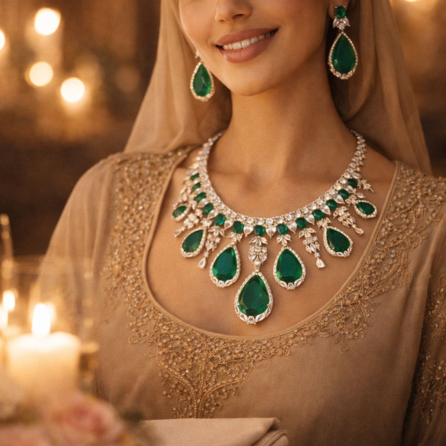Emerald Green Teardrop Bridal Jewellery Set with Earrings