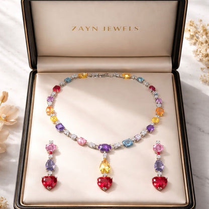 Multicolor Crystal Heart Necklace & Earrings Jewellery Set