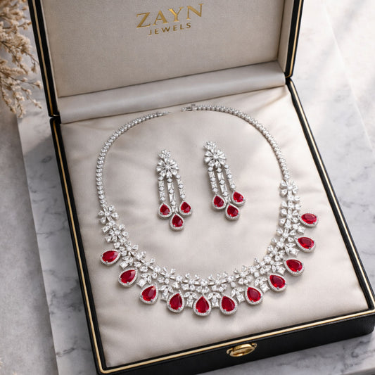 Imitation Ruby Floral Necklace Set with Teardrop Earrings