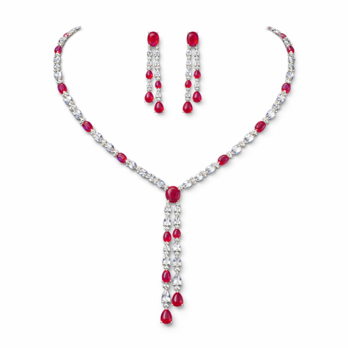 Ruby Red Tassel Necklace and Drop Earrings Jewellery Set