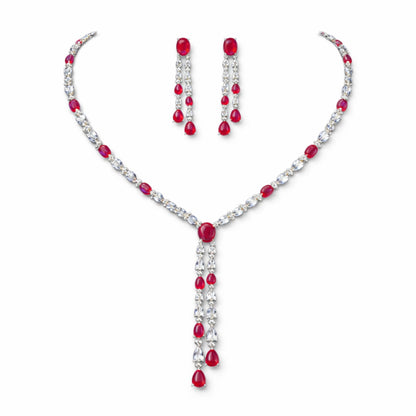 Ruby Red Tassel Necklace and Drop Earrings Jewellery Set