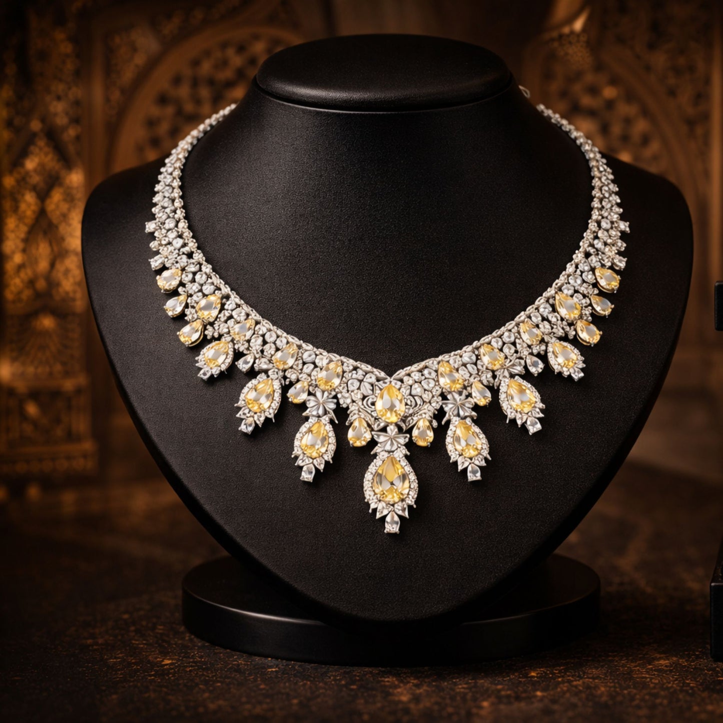Statement Necklace Set with Yellow Pear-Cut Crystals