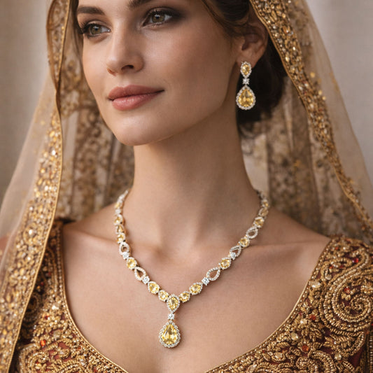 Imitation Yellow Diamond Teardrop Necklace & Earrings Set