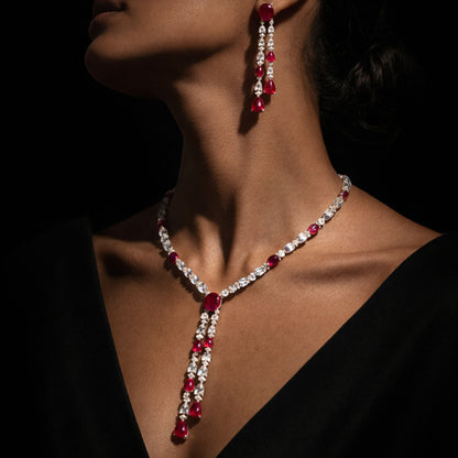 Ruby Red Tassel Necklace and Drop Earrings Jewellery Set
