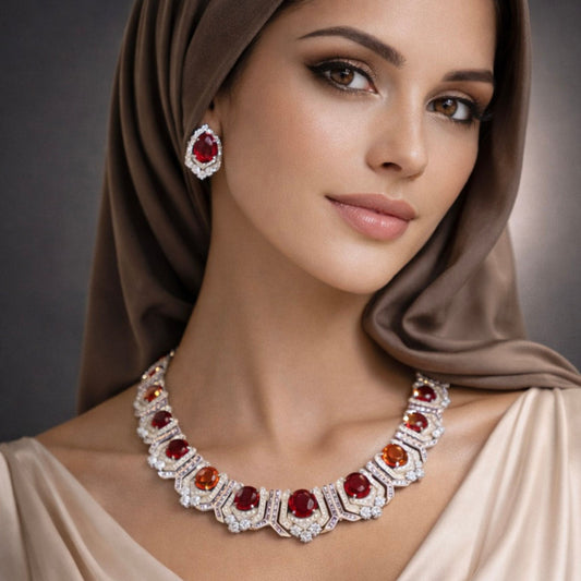 Red Statement Necklace and Earrings Imitation Jewellery Set