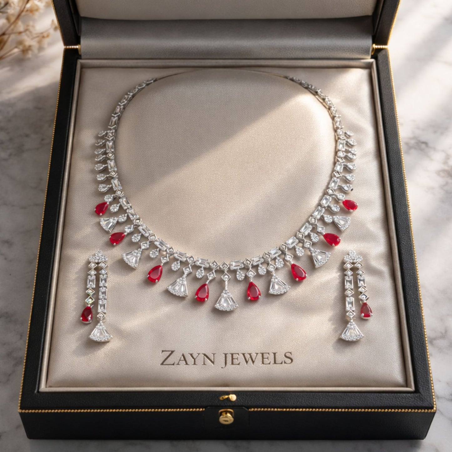 Imitation Ruby and Diamond Floral Necklace & Earring Set