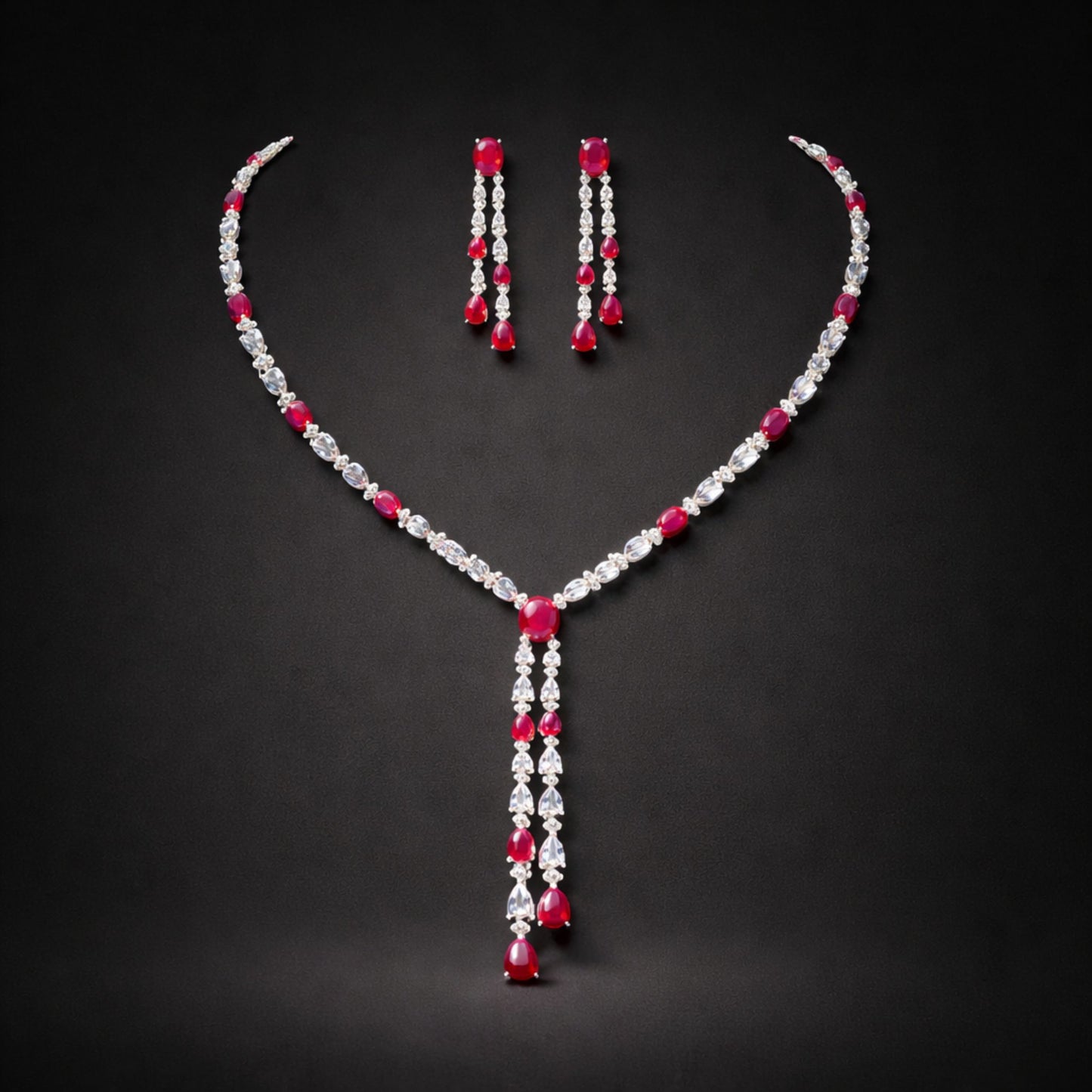 Ruby Red Tassel Necklace and Drop Earrings Jewellery Set