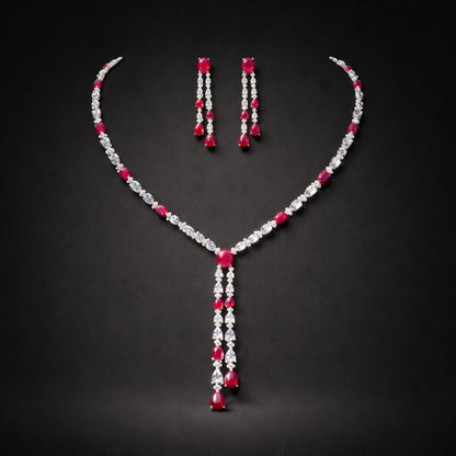 Ruby Red Tassel Necklace and Drop Earrings Jewellery Set