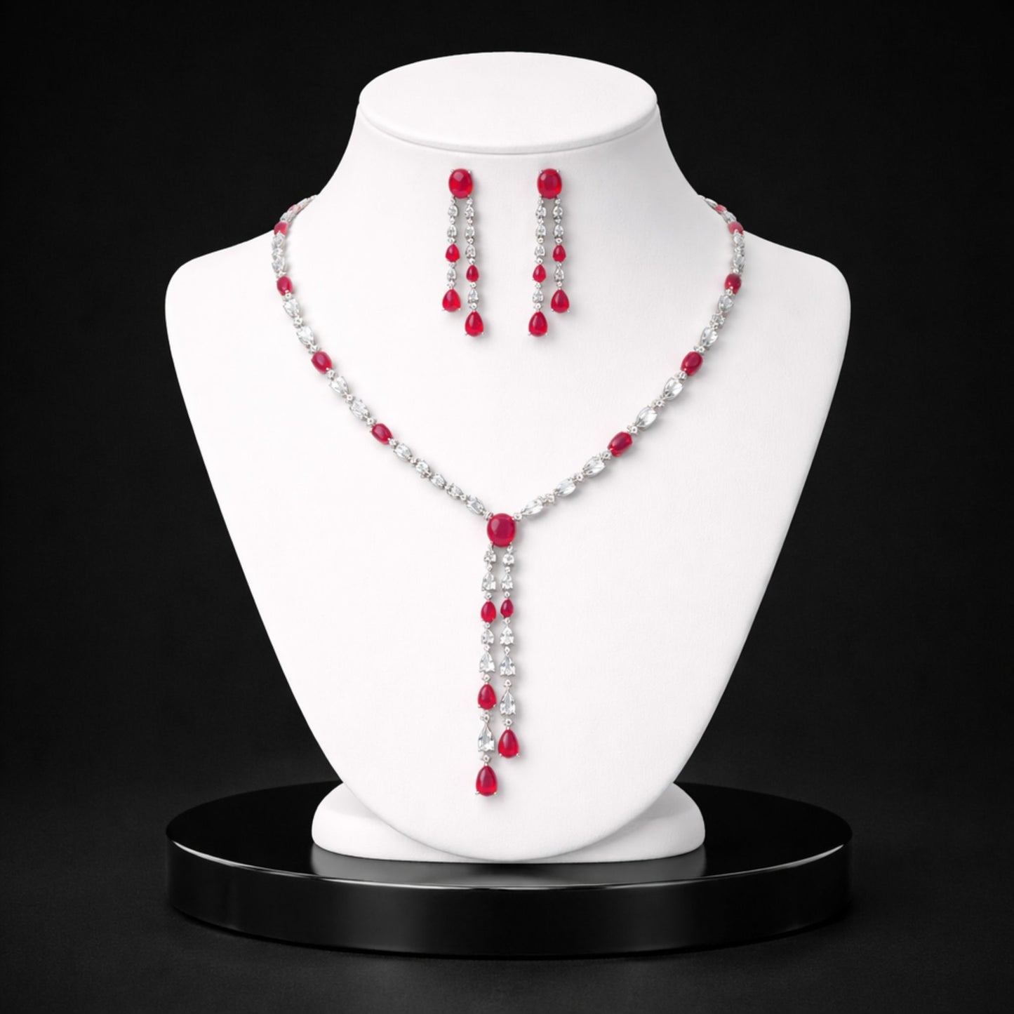 Ruby Red Tassel Necklace and Drop Earrings Jewellery Set