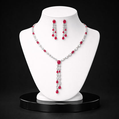 Ruby Red Tassel Necklace and Drop Earrings Jewellery Set