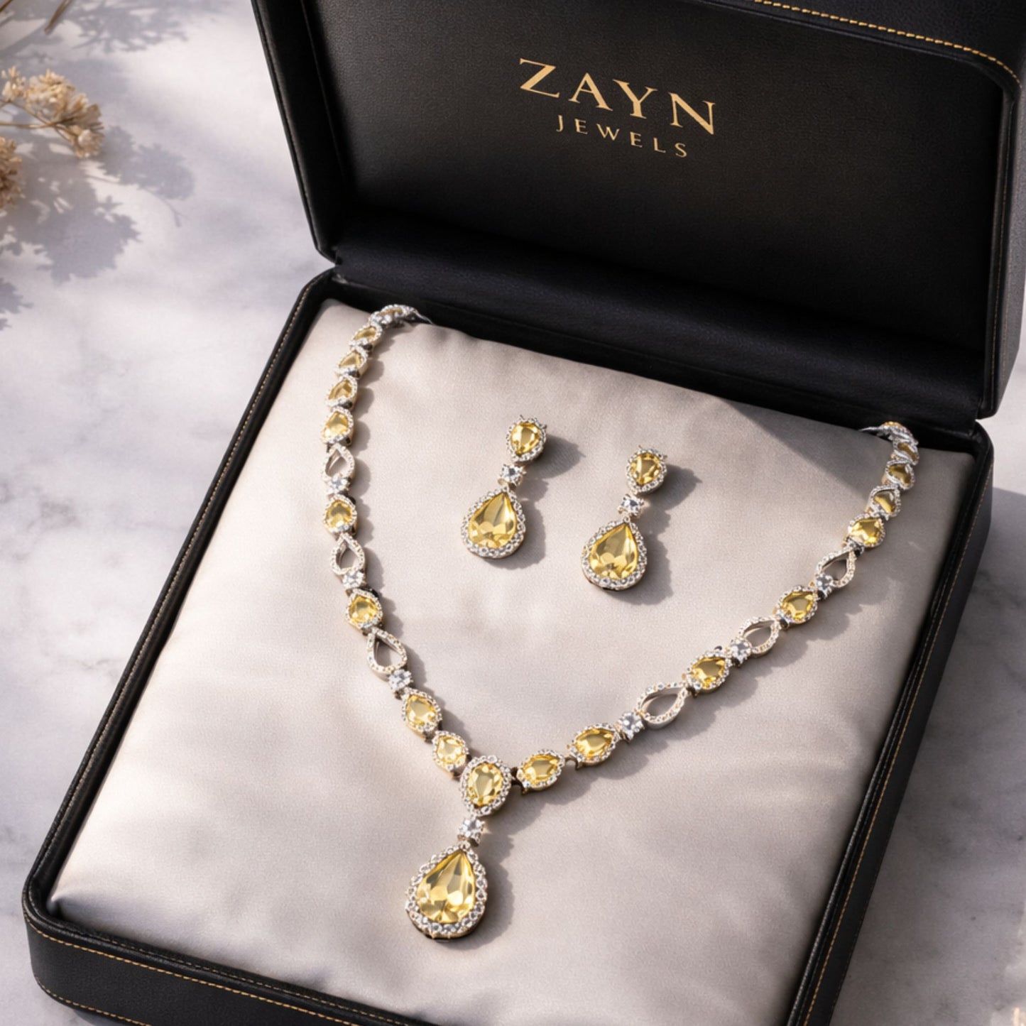 Imitation Yellow Diamond Teardrop Necklace & Earrings Set