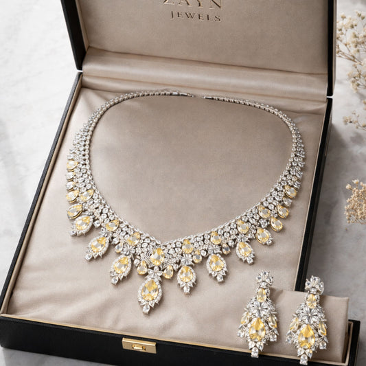 Statement Necklace Set with Yellow Pear-Cut Crystals